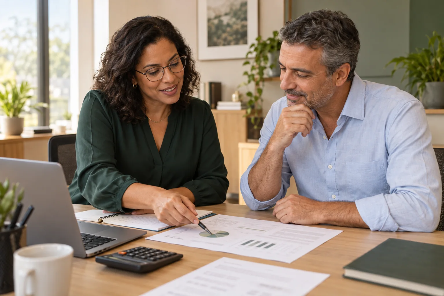 Contadora orienta um cliente durante a análise de um relatório financeiro, com documentos e calculadora sobre a mesa.